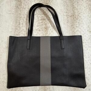 Vince Camuto Black Pebbled Vegan Leather Purse Tote Gray Stripe Over Shoulder